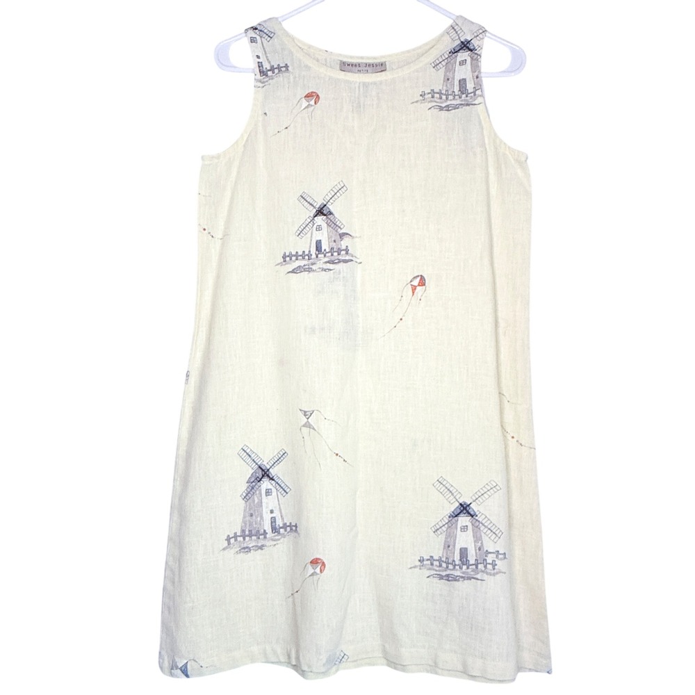 Vintage Sweet Jessie XS Petite Linen Dress Windmill Kite Coastal Cottagecore